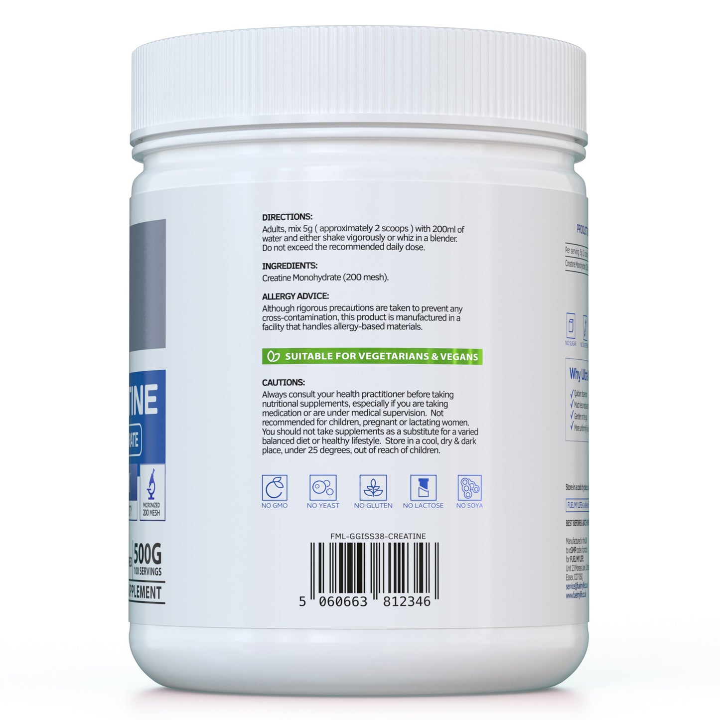 Creatine Monohydrate Powder - 500g (100 Servings) - Ultra Micronized 200 Mesh