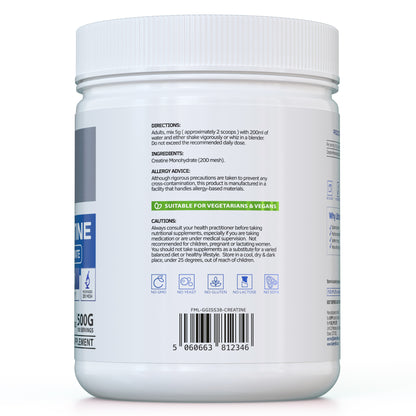 Creatine Monohydrate Powder - 500g (100 Servings) - Ultra Micronized 200 Mesh